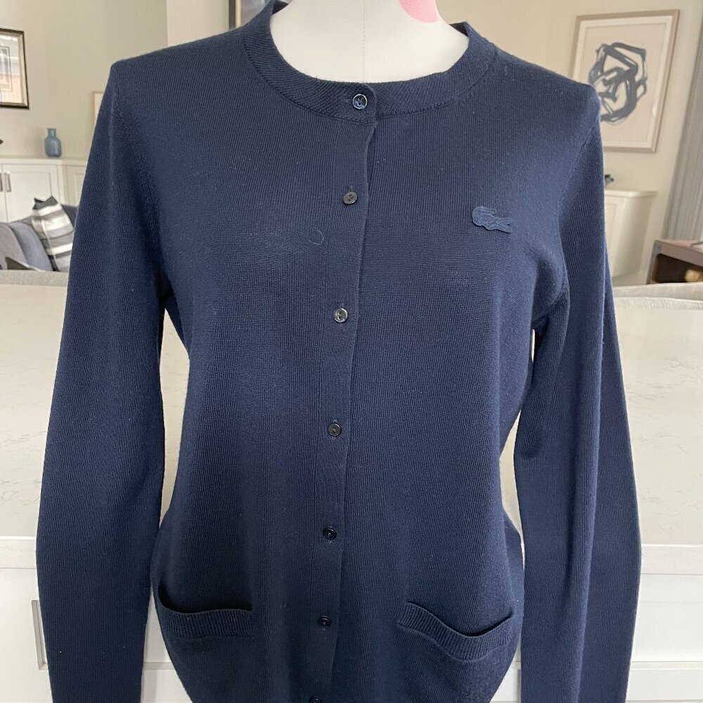 Lacoste LS Crew Neck Preppy Merino Wool Cardigan Sweater w Pockets Navy Sz 42